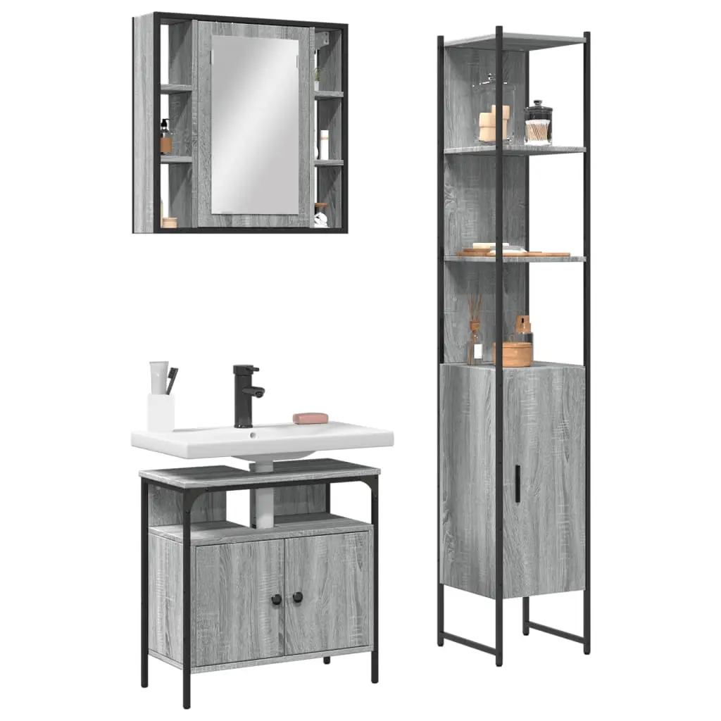 Set Mobili da Bagno 3 pz Grigio Sonoma in Legno Multistrato