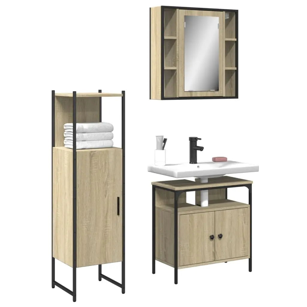 Set di Mobili da Bagno 3 pz Rovere Sonoma in Legno Multistrato