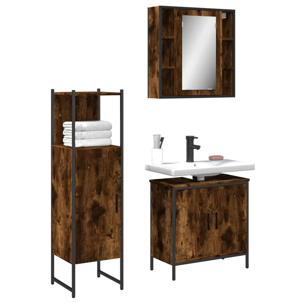 Set Mobili da Bagno 3 pz Rovere Fumo in Legno Multistrato