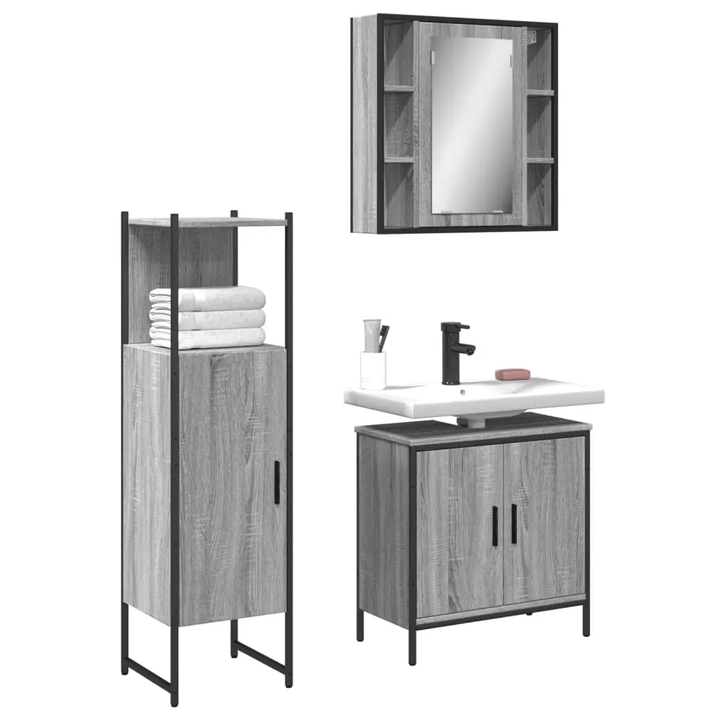 Set Mobili da Bagno 3 pz Grigio Sonoma in Legno Multistrato