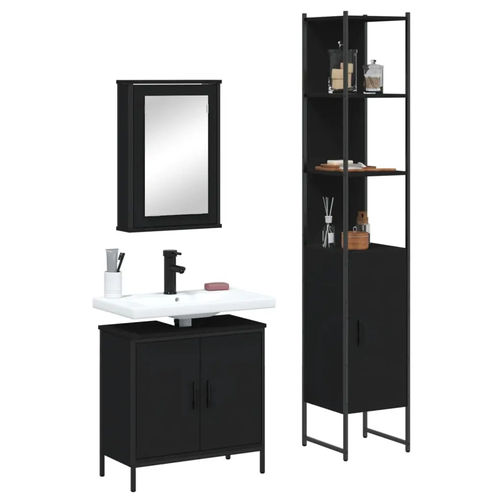 Set Mobili da Bagno 3 pz Nero in Legno Multistrato