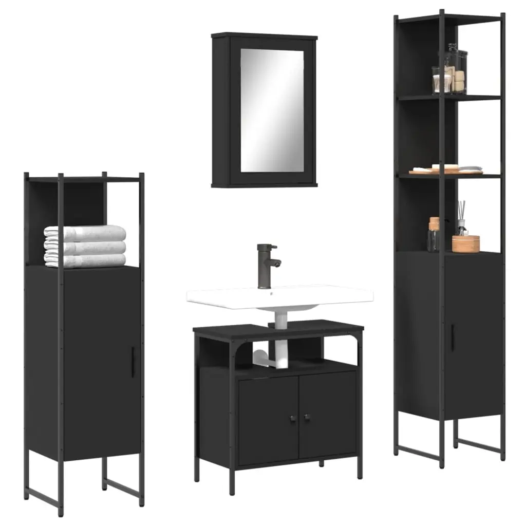 Set Mobili da Bagno 4 pz Nero in Legno Multistrato