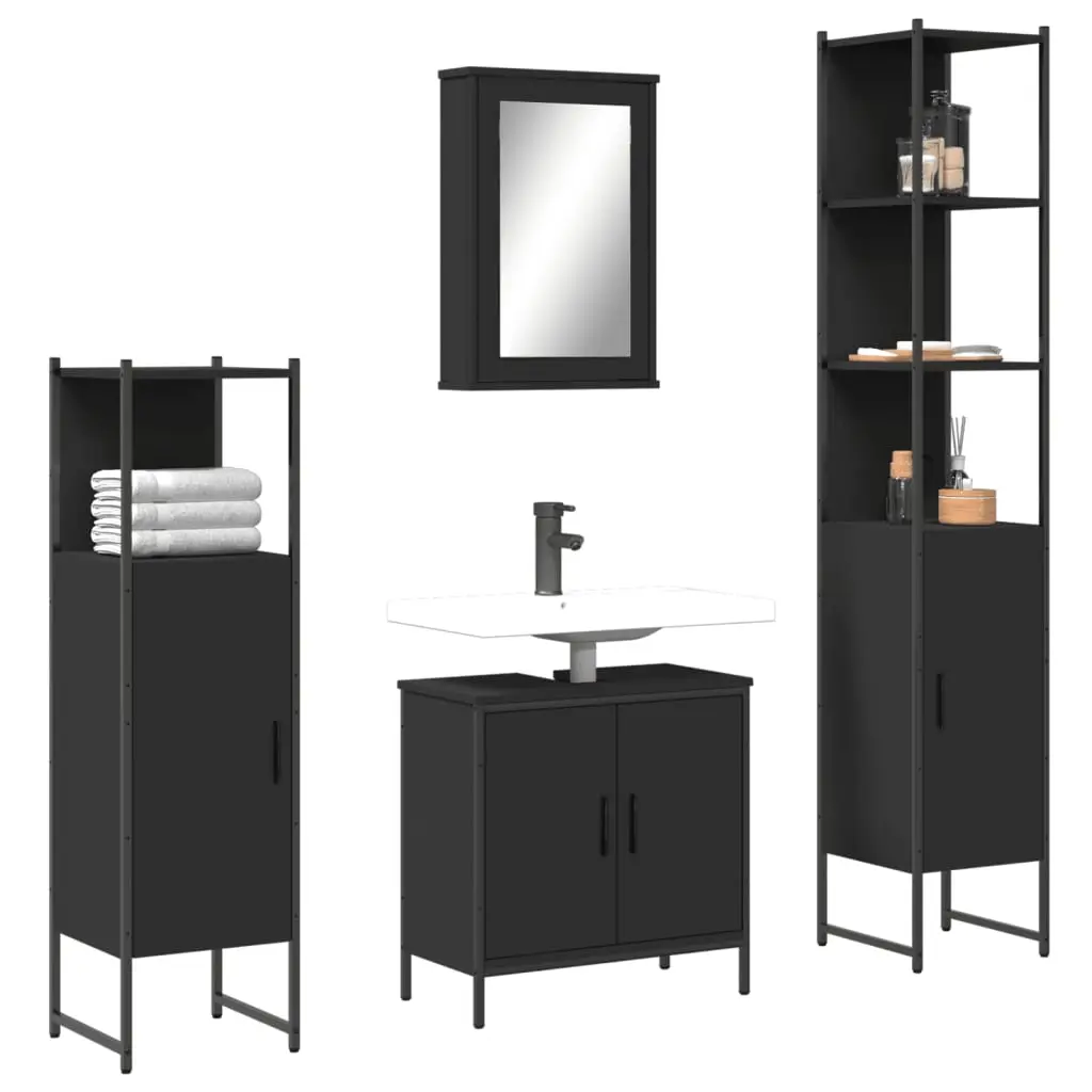 Set Mobili da Bagno 4 pz Nero in Legno Multistrato