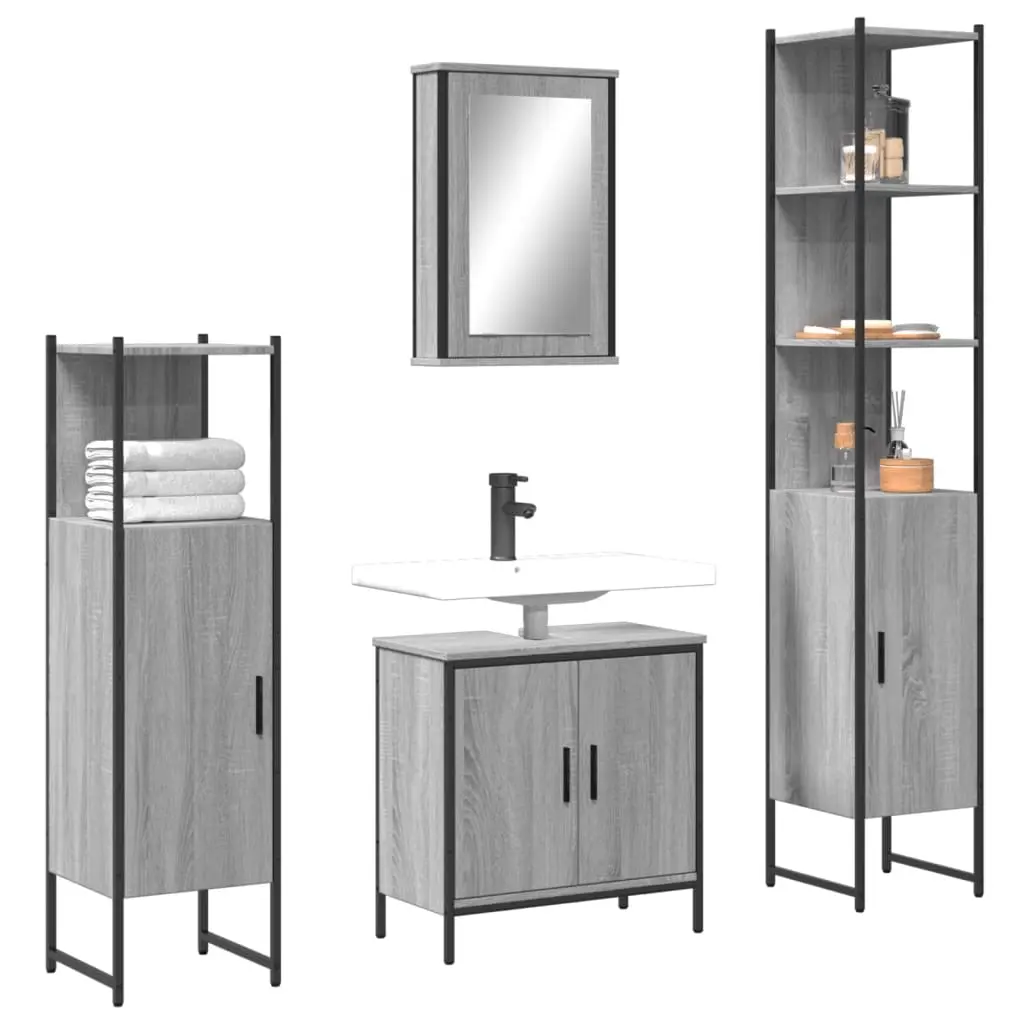 Set Mobili da Bagno 4 pz Grigio Sonoma in Legno Multistrato