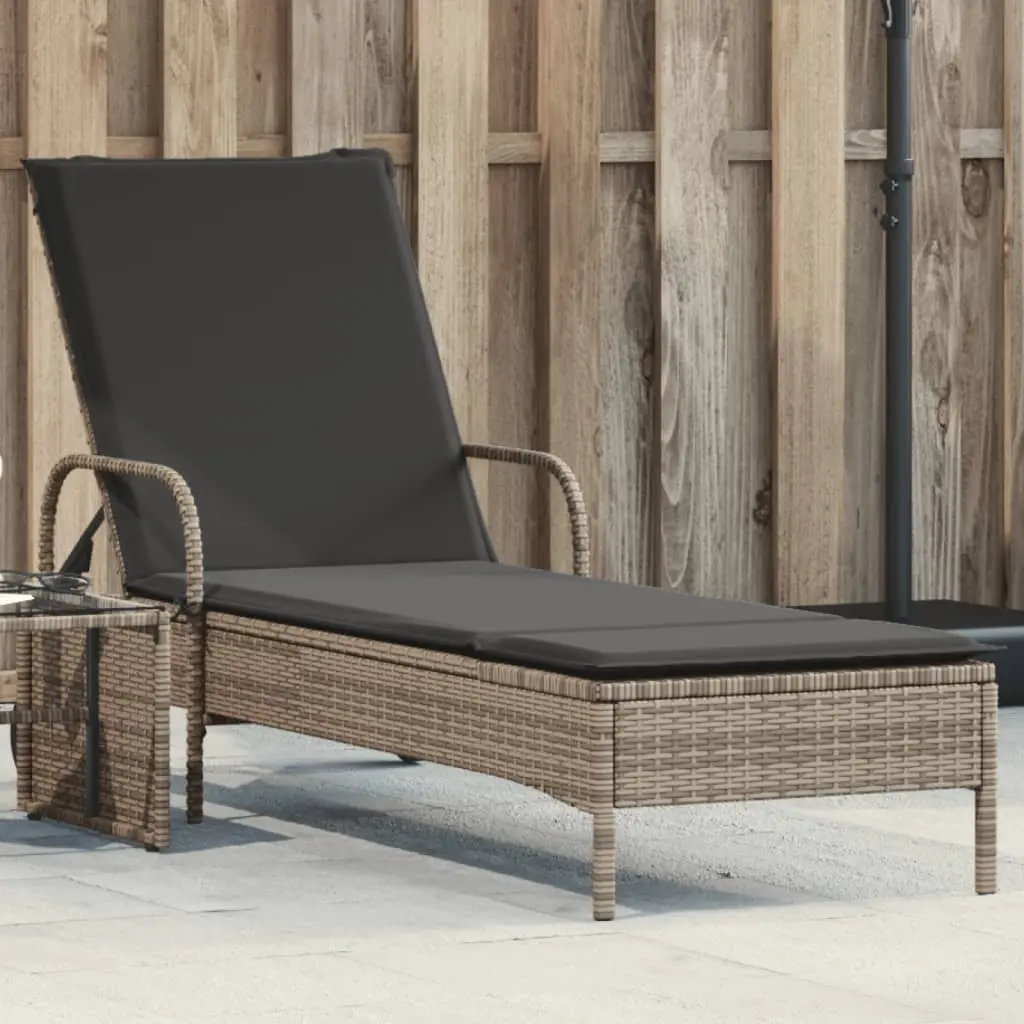 Lettino Prendisole con Ruote e Cuscino in Polyrattan Grigio