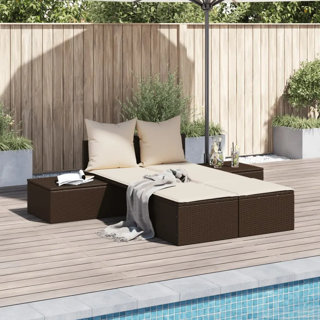 Lettino Prendisole con Cuscini Marrone in Polyrattan