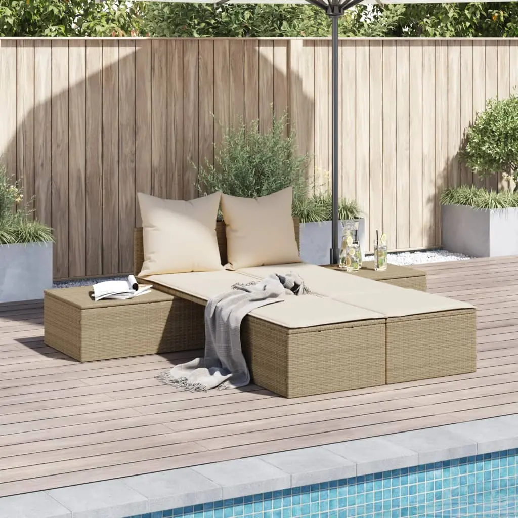 Lettino Prendisole con Cuscini Beige in Polyrattan