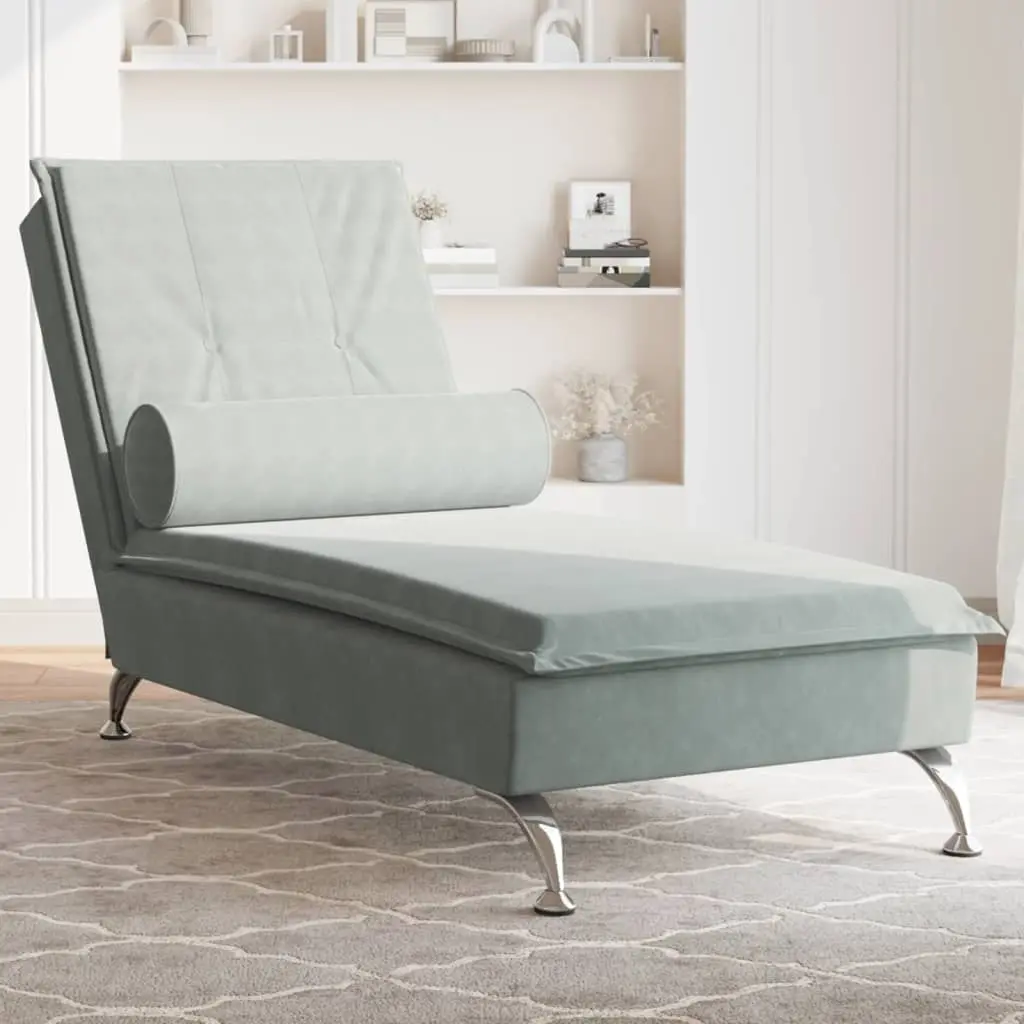 Chaise Longue Massaggi Cuscino a Rullo Grigio Chiaro in Velluto