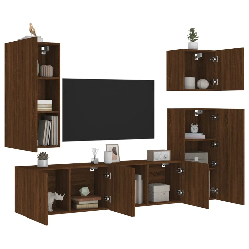 vidaXL Mobili TV a Muro 5pz Rovere Marrone in Legno Multistrato