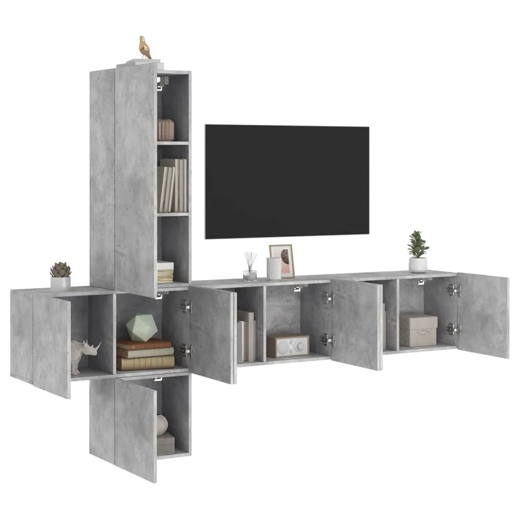 vidaXL Mobili TV a Muro con LED 5pz Grigio Cemento Legno Multistrato