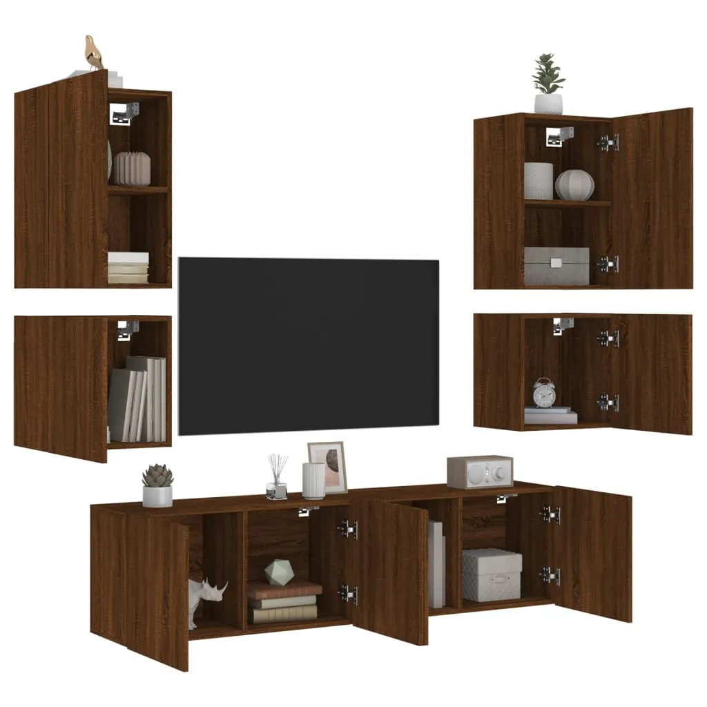 vidaXL Mobili TV a Muro 6pz Rovere Marrone in Legno Multistrato