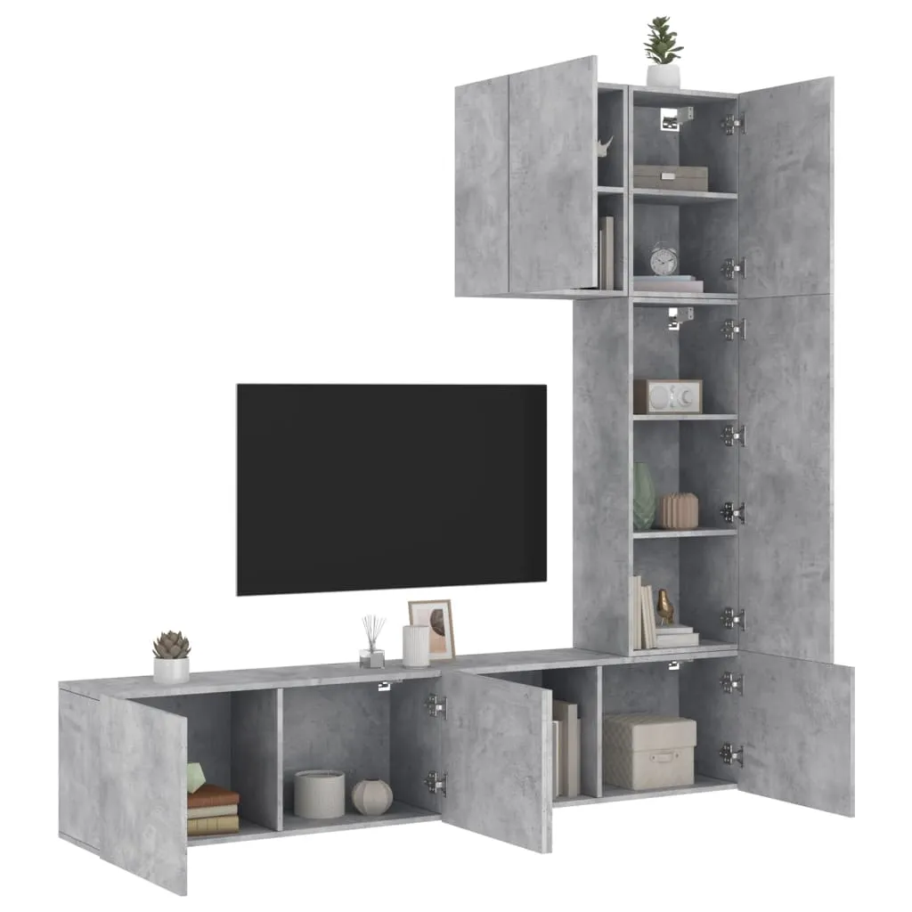 vidaXL Mobili TV a Muro con LED 5pz Grigio Cemento Legno Multistrato