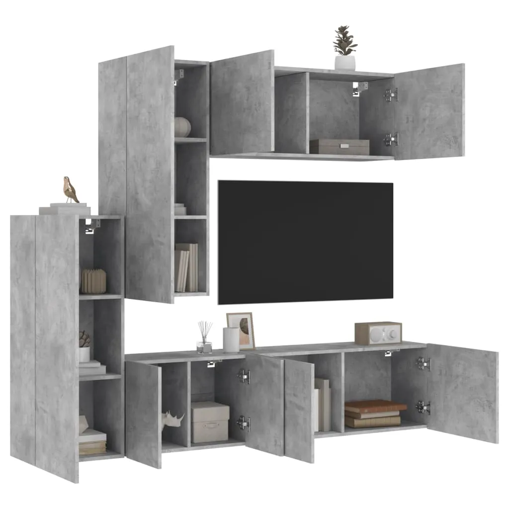 vidaXL Mobili TV a Muro con LED 5pz Grigio Cemento Legno Multistrato