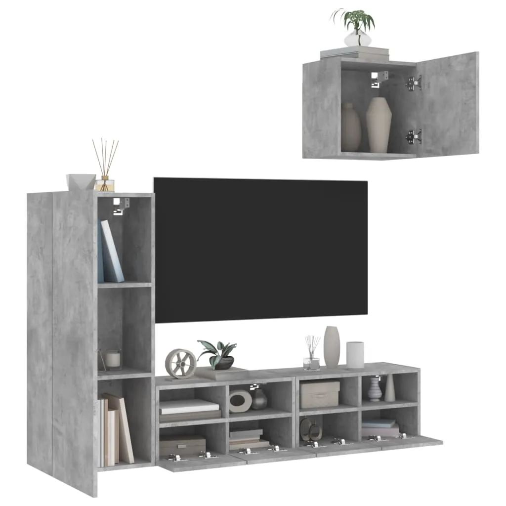 vidaXL Mobili TV a Muro con LED 4pz Grigio Cemento Legno Multistrato