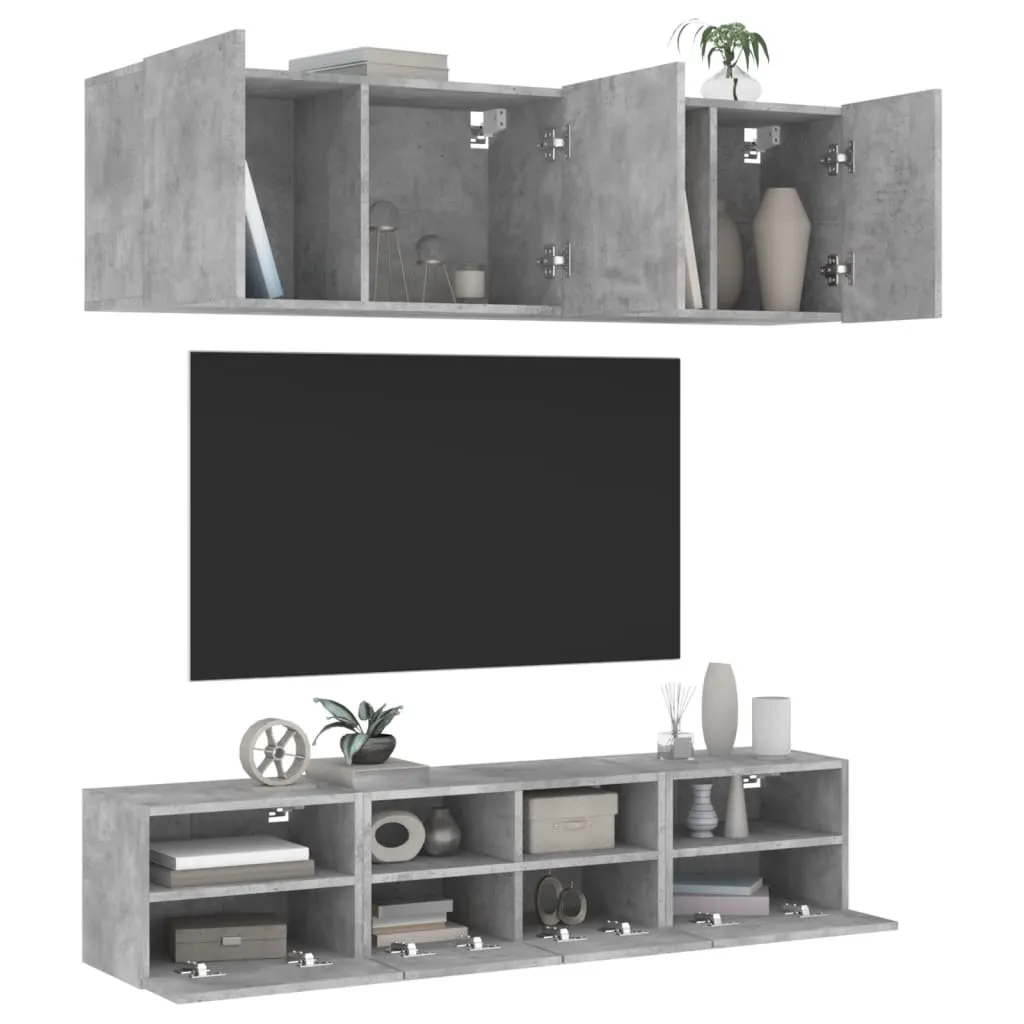 vidaXL Mobili TV a Muro con LED 5pz Grigio Cemento Legno Multistrato