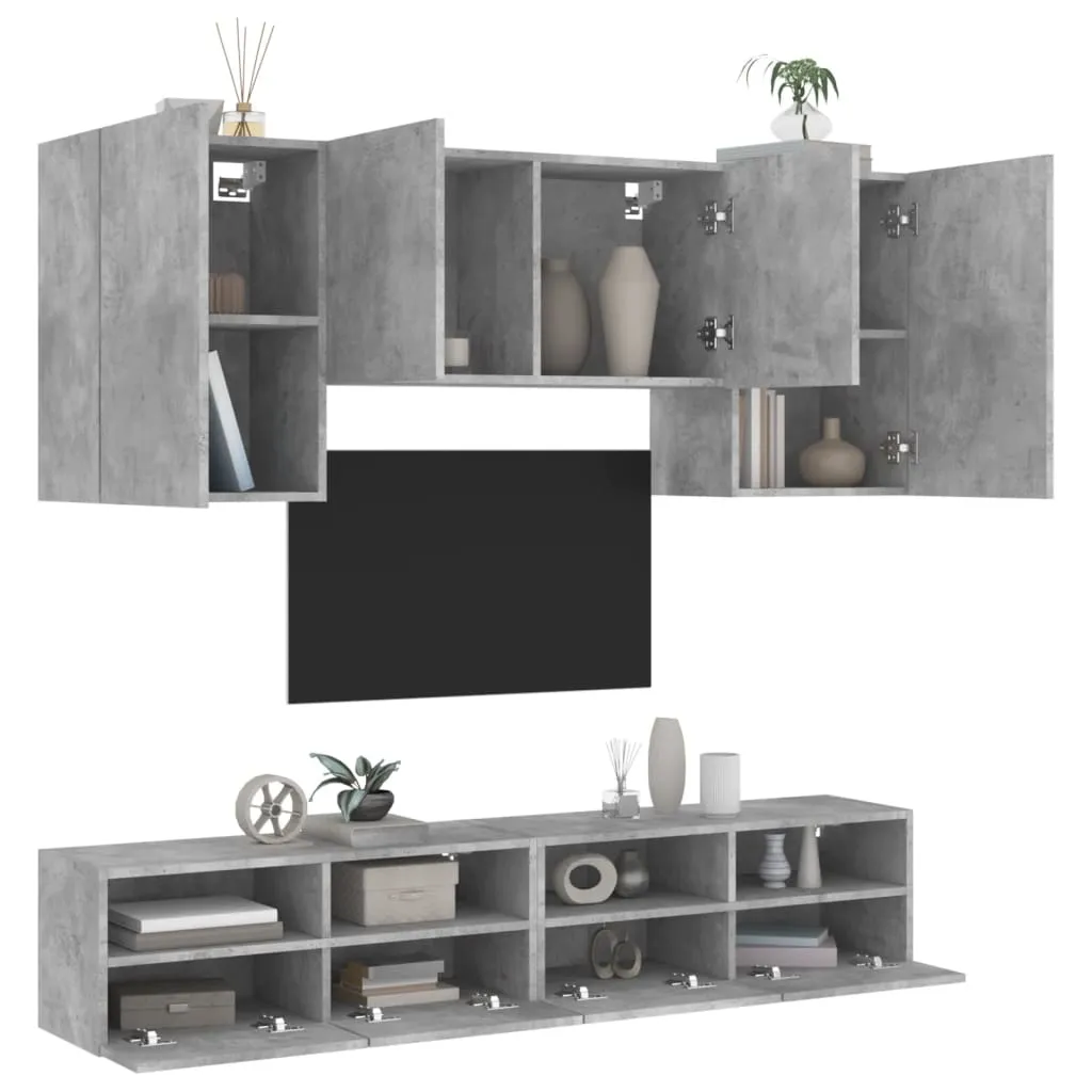 vidaXL Mobili TV a Muro con LED 5pz Grigio Cemento Legno Multistrato