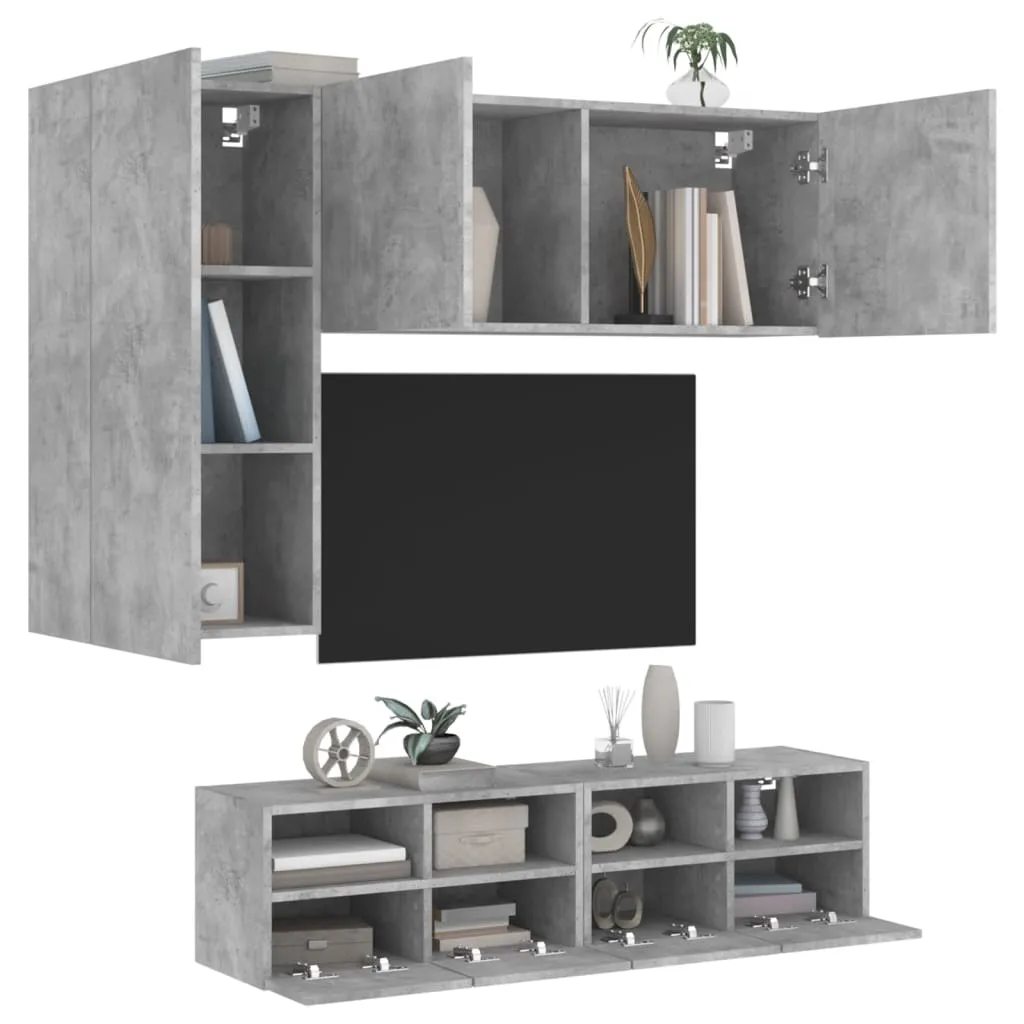 vidaXL Mobili TV a Muro con LED 4pz Grigio Cemento Legno Multistrato