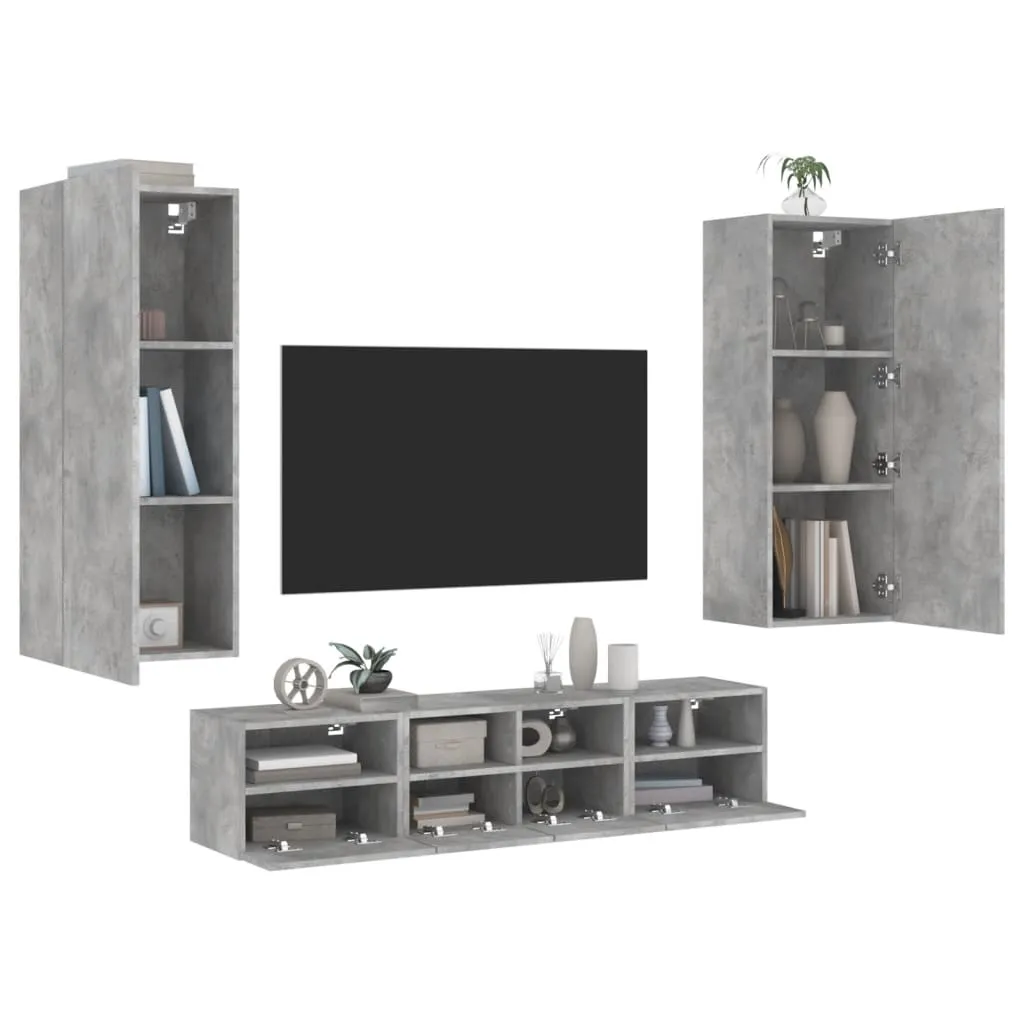 vidaXL Mobili TV a Muro con LED 5pz Grigio Cemento Legno Multistrato