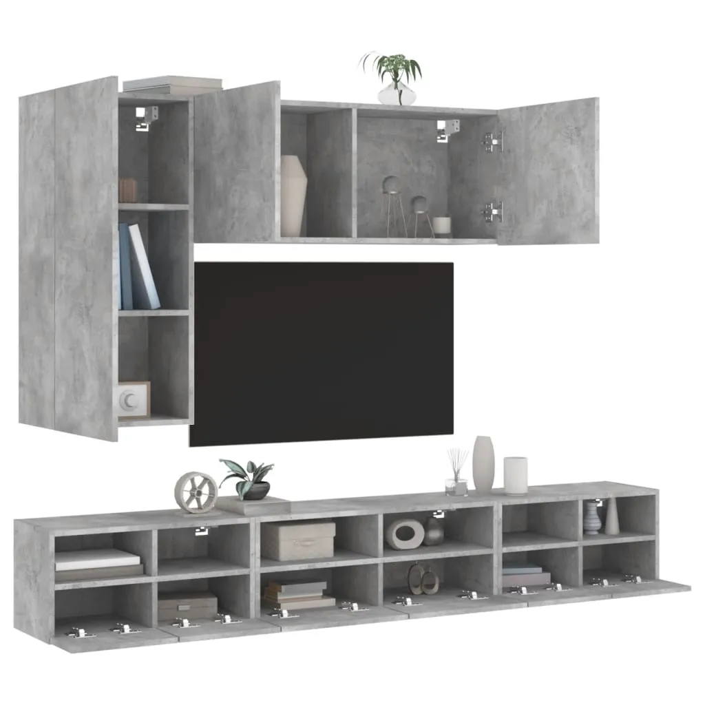 vidaXL Mobili TV a Muro con LED 5pz Grigio Cemento Legno Multistrato