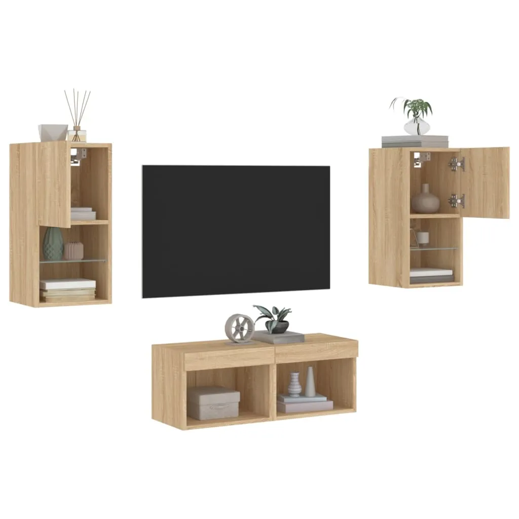 vidaXL Mobili TV a Muro 4pz con Luci LED Rovere Sonoma