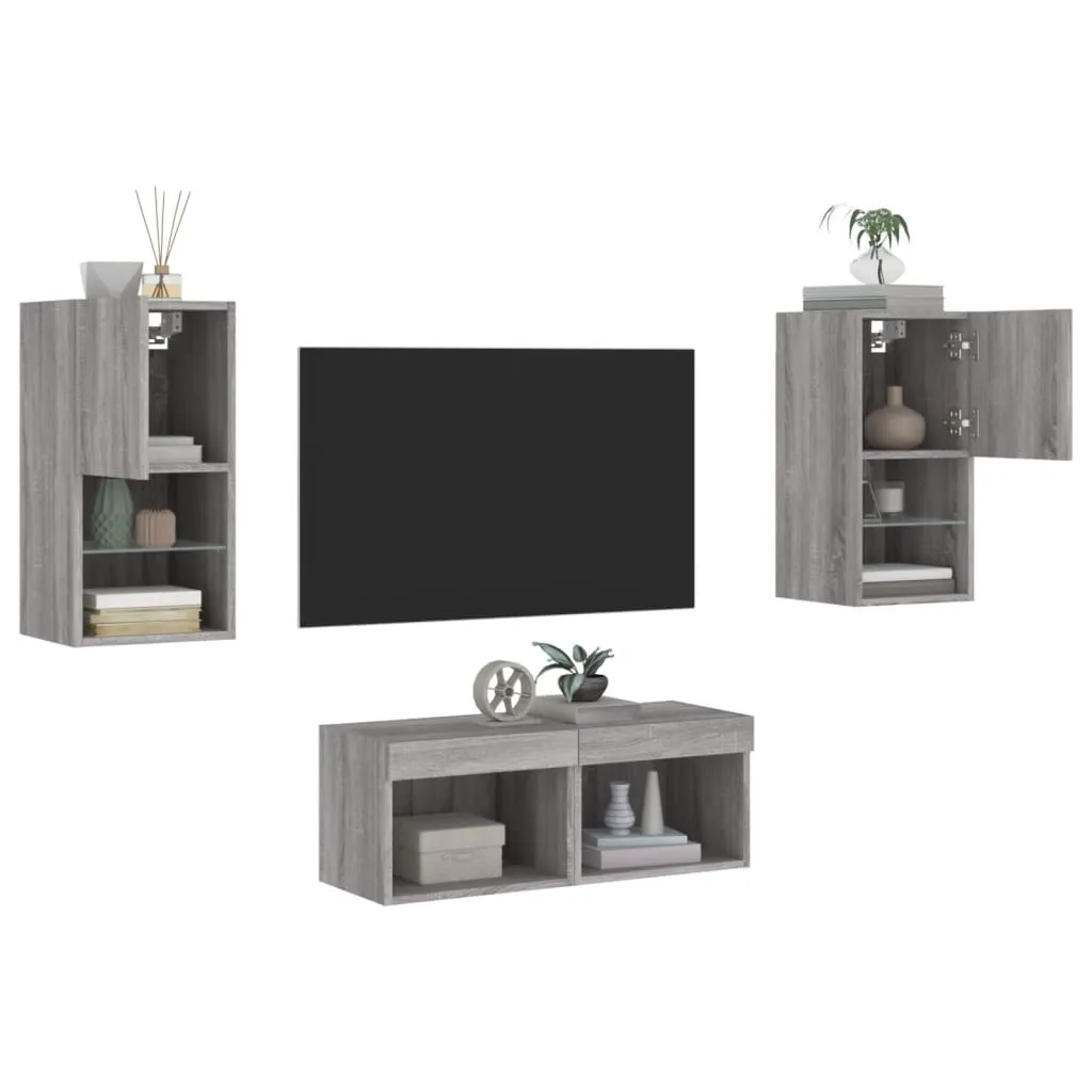 vidaXL Mobili TV a Muro 4pz con Luci LED Grigio Sonoma