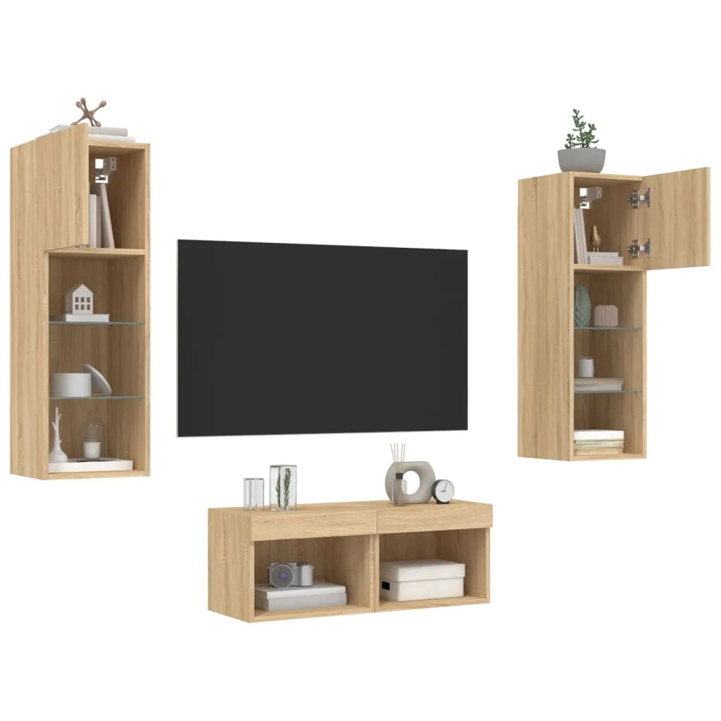 vidaXL Mobili TV a Muro 4pz con Luci LED Rovere Sonoma