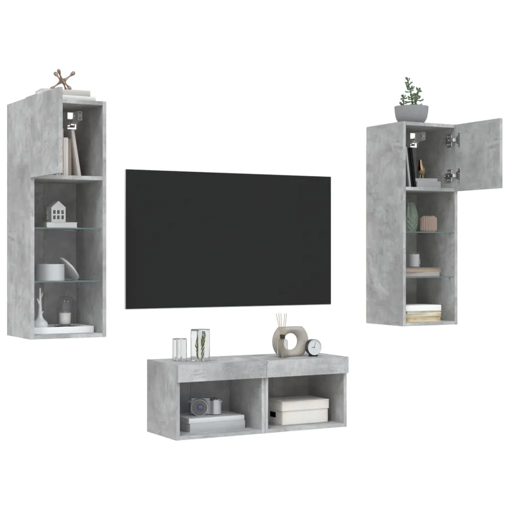 vidaXL Mobili TV a Muro 4pz con Luci LED Grigio Cemento