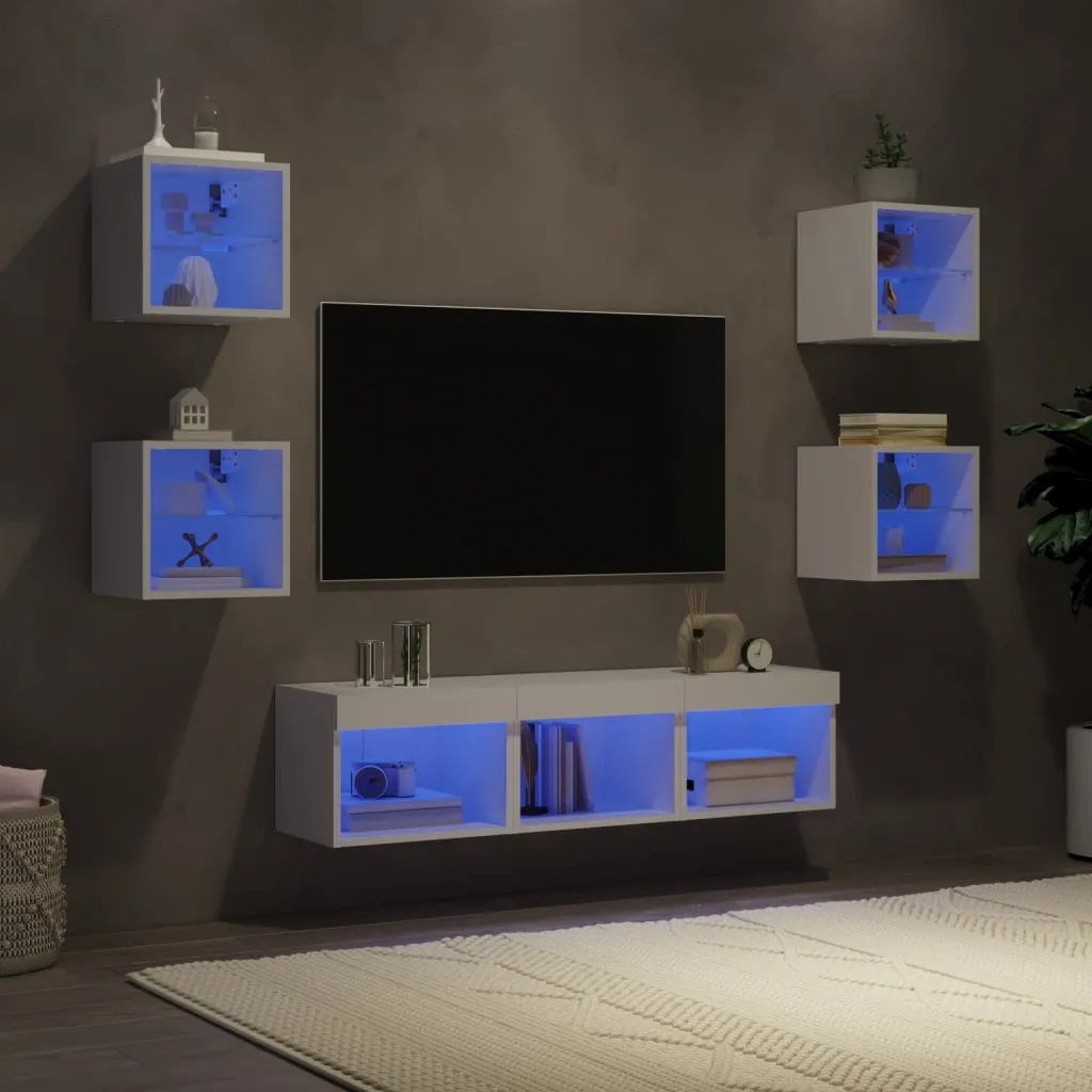 vidaXL Mobili TV a Muro con LED 7pz Bianchi in Legno Multistrato