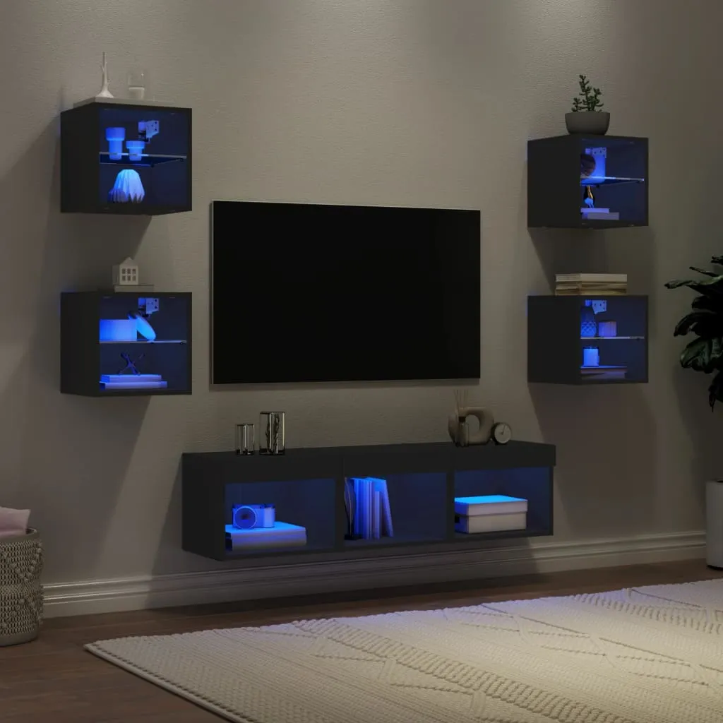 vidaXL Mobili TV a Muro con LED 7pz Neri in Legno Multistrato