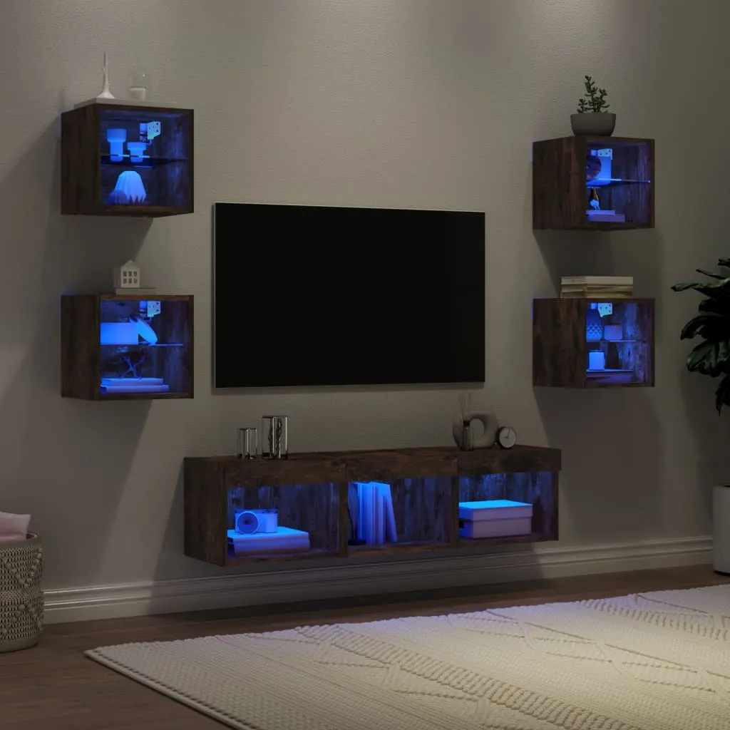 vidaXL Mobili TV a Muro con LED 7pz Rovere Fumo in Legno Multistrato