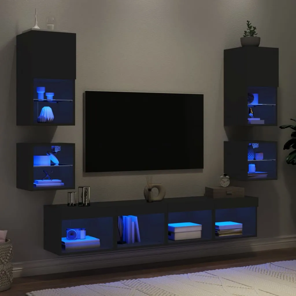 vidaXL Mobili TV a Muro con LED 8pz Neri in Legno Multistrato