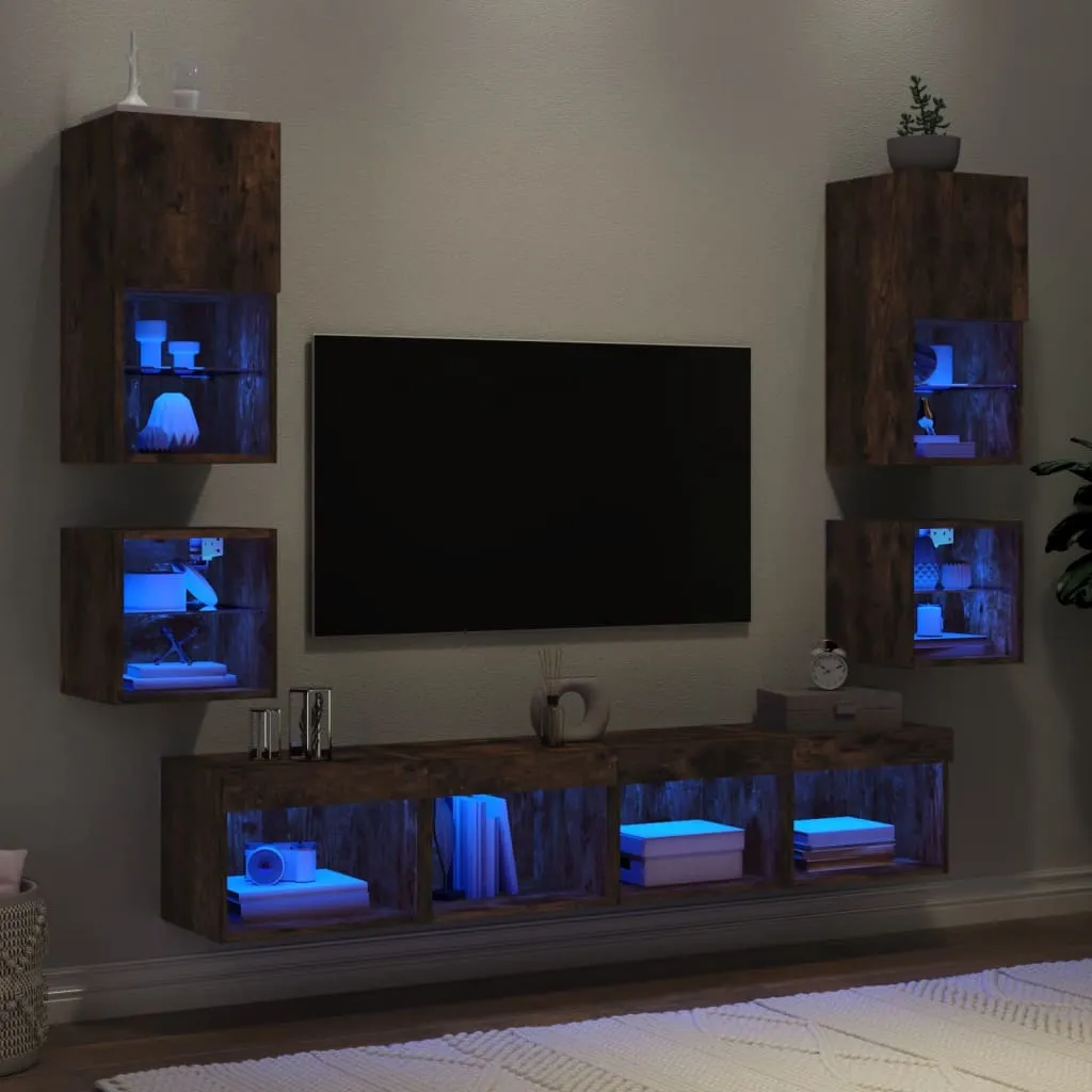 vidaXL Mobili TV a Muro con LED 8pz Rovere Fumo in Legno Multistrato