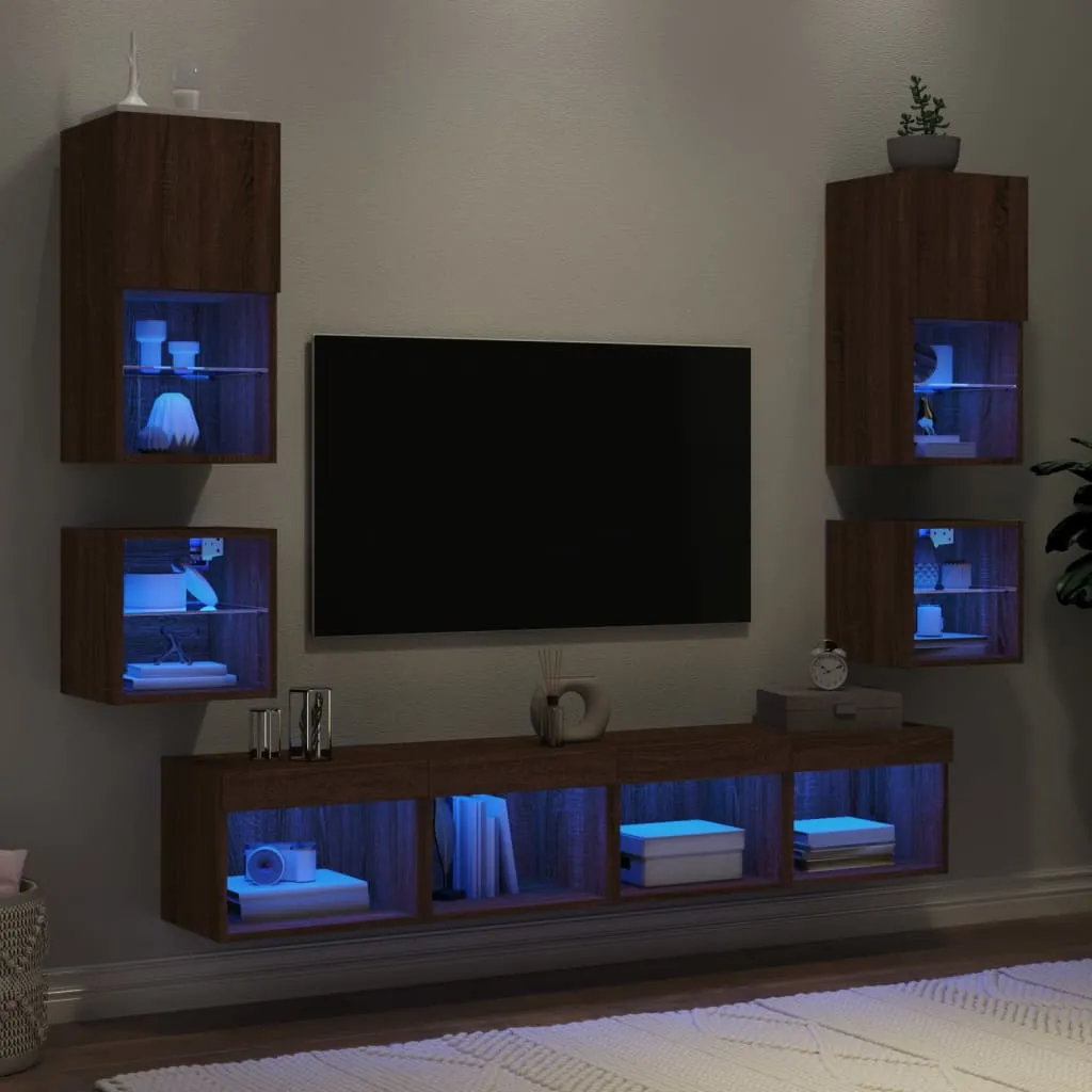 vidaXL Mobili TV a Muro con LED 8pz Rovere Marrone Legno Multistrato