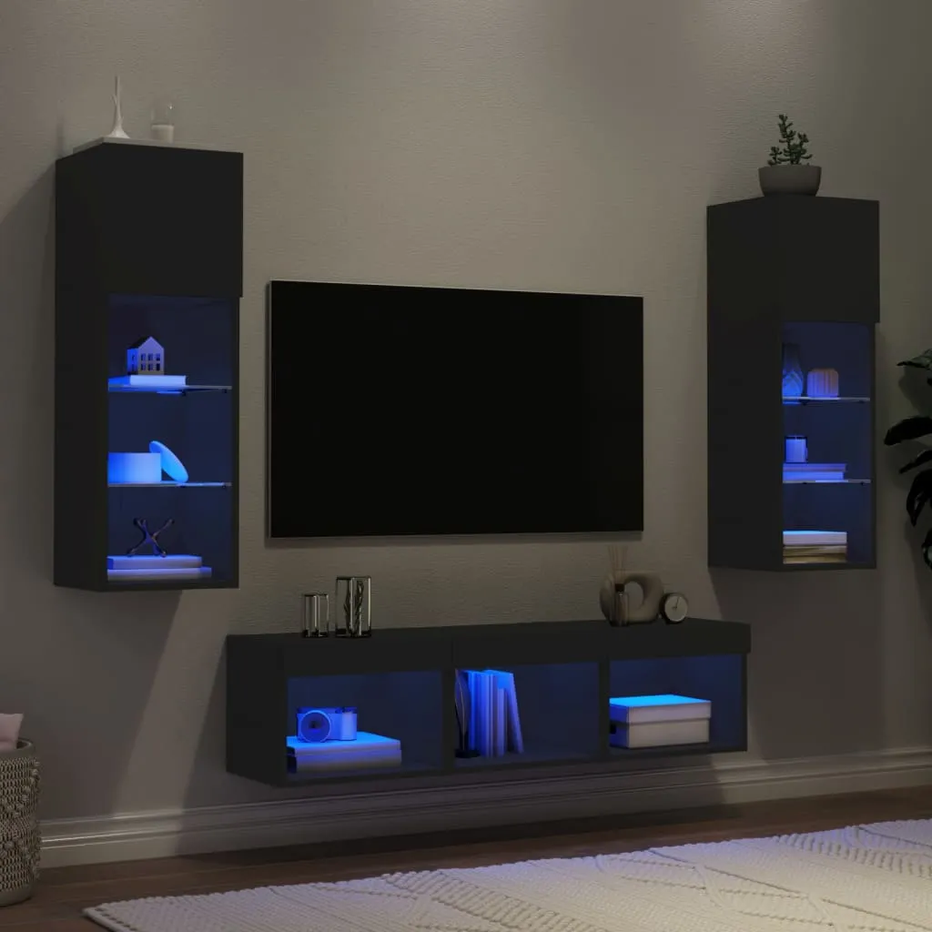 vidaXL Mobili TV a Muro con LED 5pz Neri in Legno Multistrato