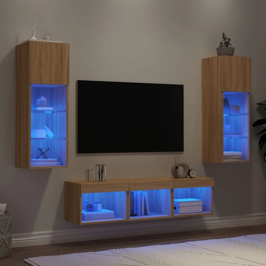 vidaXL Mobili TV a Muro con LED 5pz Rovere Sonoma Legno Multistrato