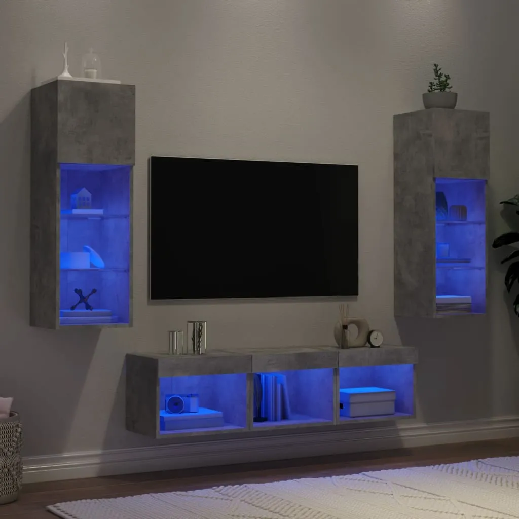 vidaXL Mobili TV a Muro con LED 5pz Grigio Cemento Legno Multistrato