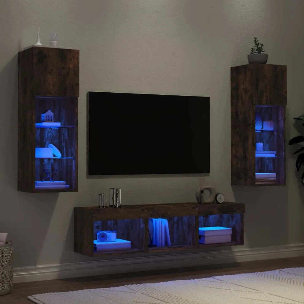 vidaXL Mobili TV a Muro con LED 5pz Rovere Fumo in Legno Multistrato