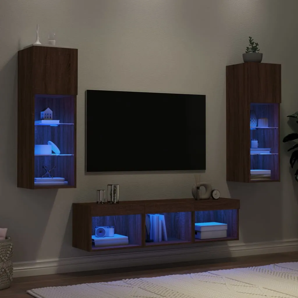 vidaXL Mobili TV a Muro con LED 5pz Rovere Marrone Legno Multistrato