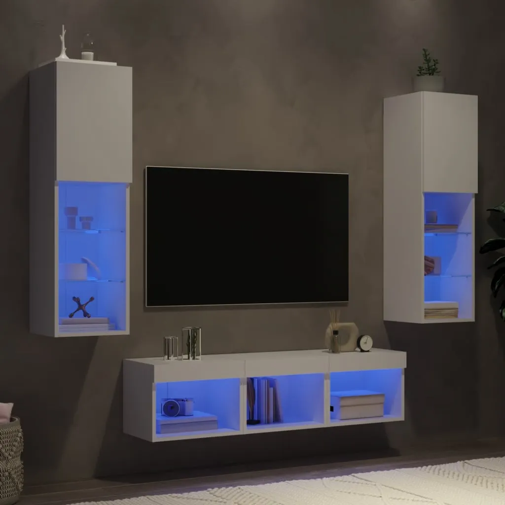 vidaXL Mobili TV a Muro con LED 5pz Bianchi in Legno Multistrato