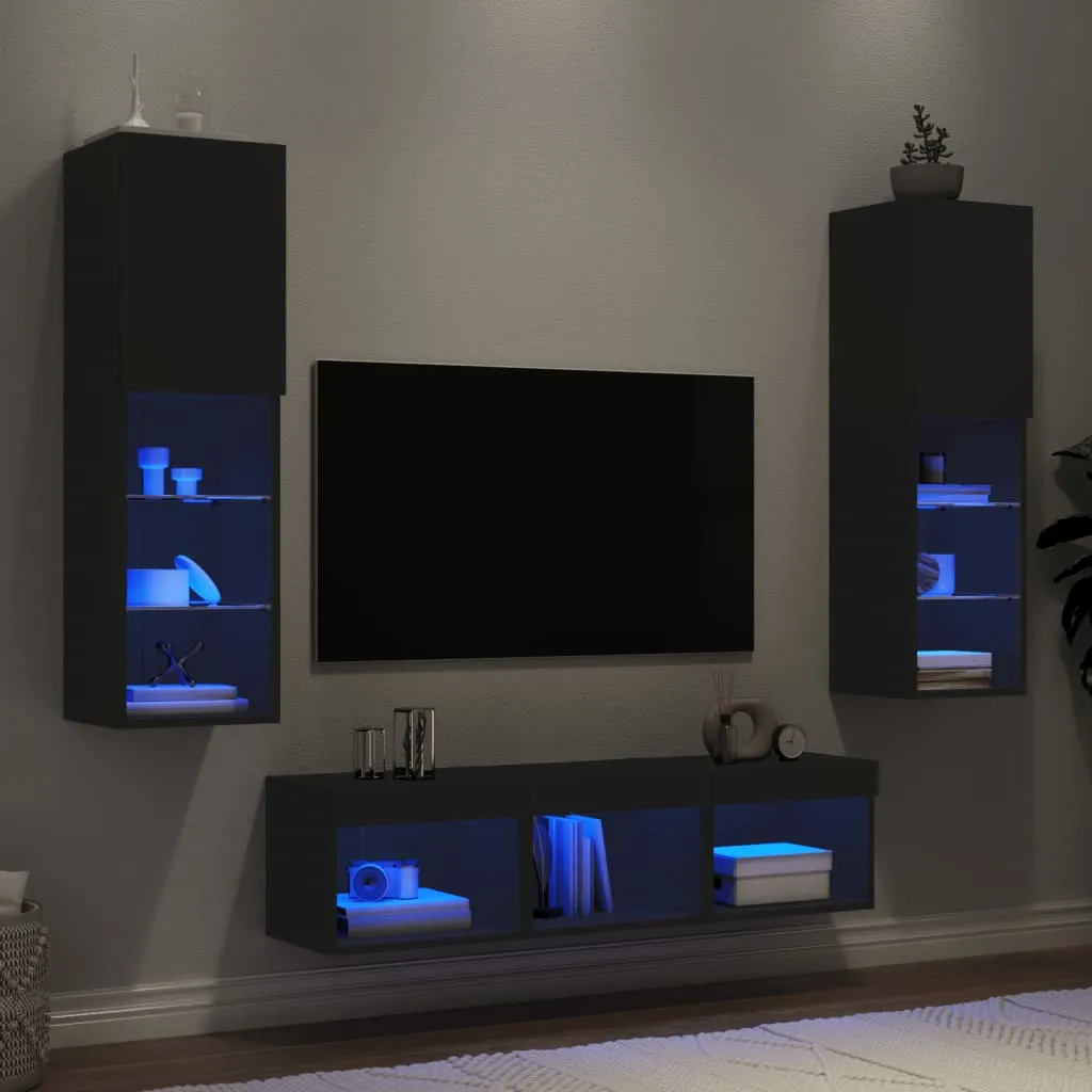 vidaXL Mobili TV a Muro con LED 5pz Neri in Legno Multistrato