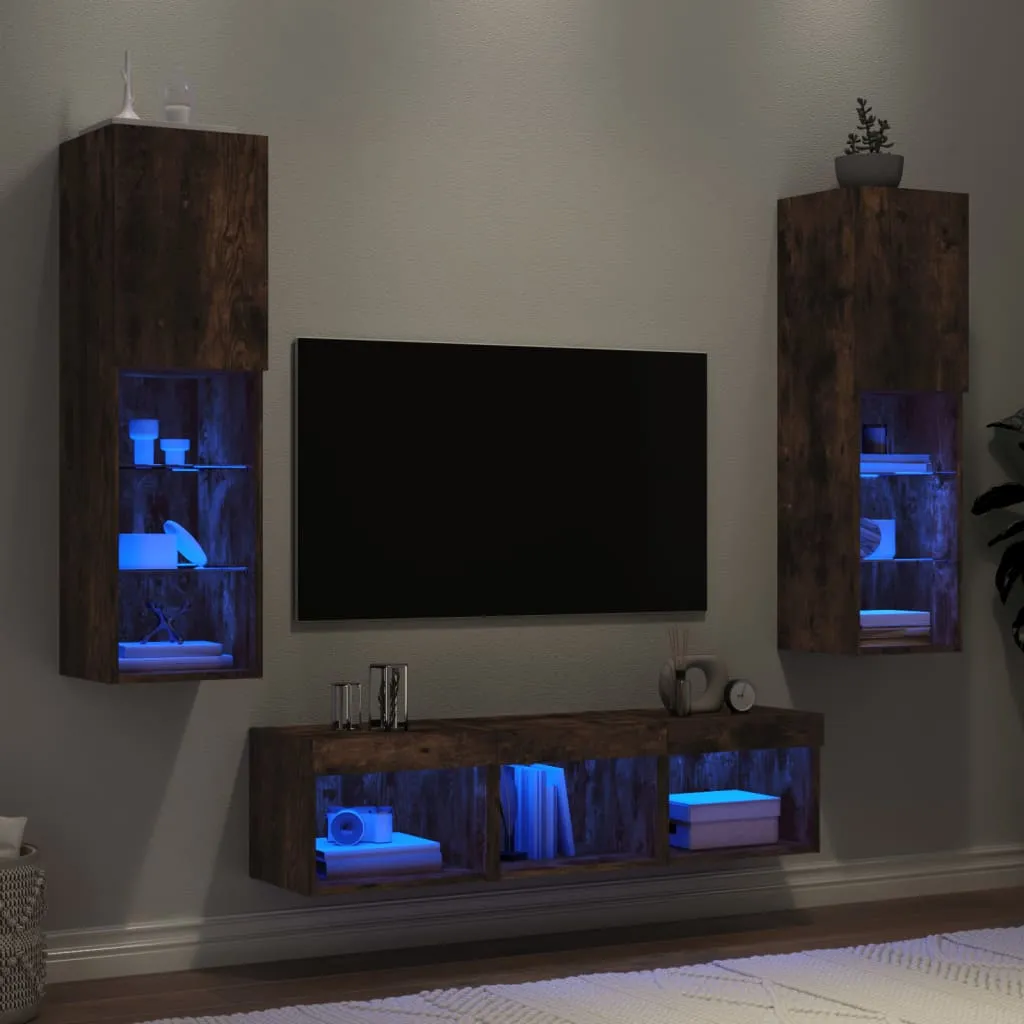 vidaXL Mobili TV a Muro con LED 5pz Rovere Fumo in Legno Multistrato