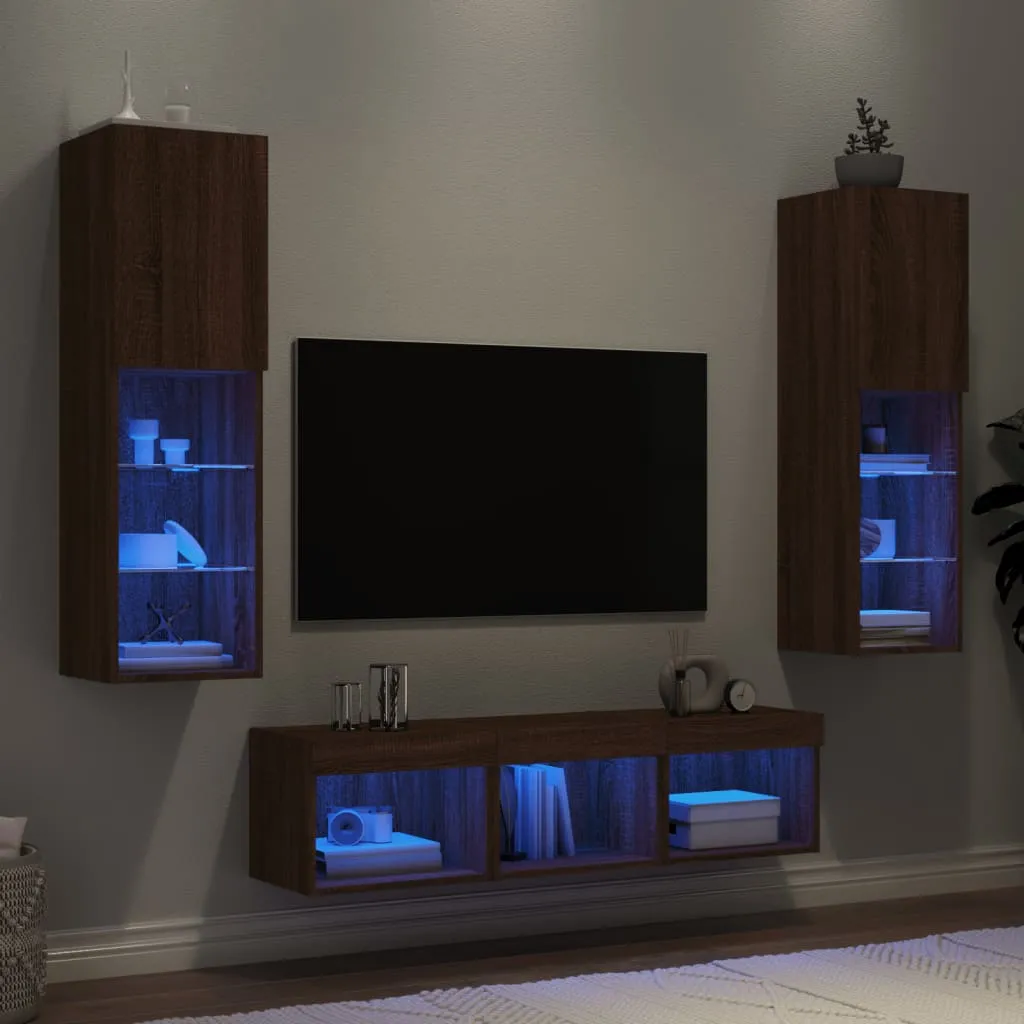 vidaXL Mobili TV a Muro con LED 5pz Rovere Marrone Legno Multistrato