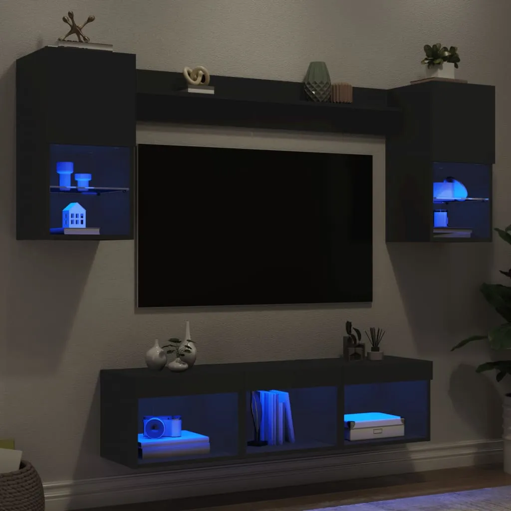 vidaXL Mobili TV a Muro con LED 7pz Neri in Legno Multistrato