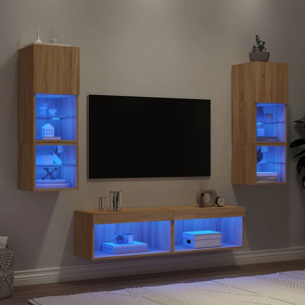 vidaXL Mobili TV a Muro con LED 6pz Rovere Sonoma Legno Multistrato