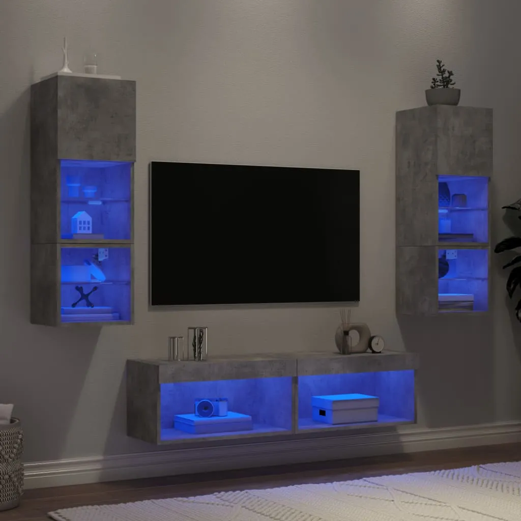 vidaXL Mobili TV a Muro con LED 6pz Grigio Cemento Legno Multistrato