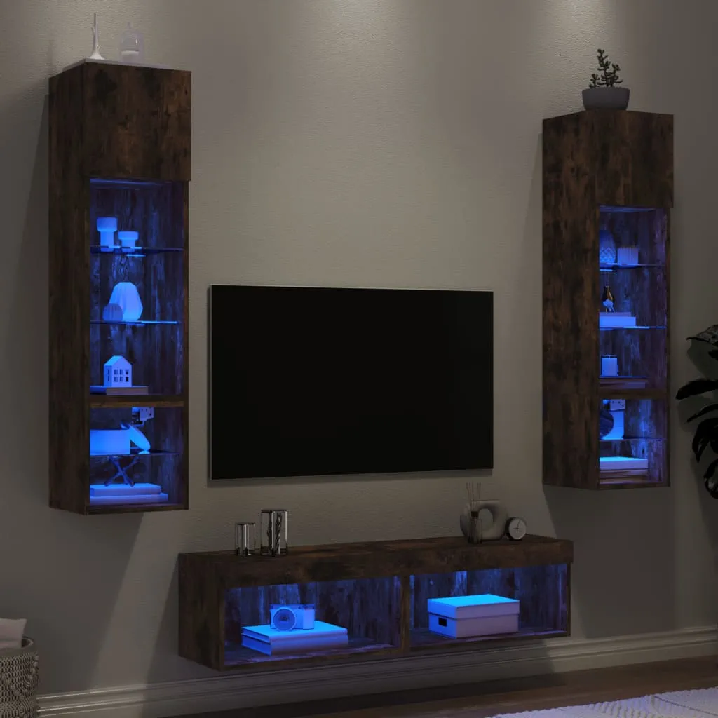 vidaXL Mobili TV a Muro con LED 6pz Rovere Fumo in Legno Multistrato