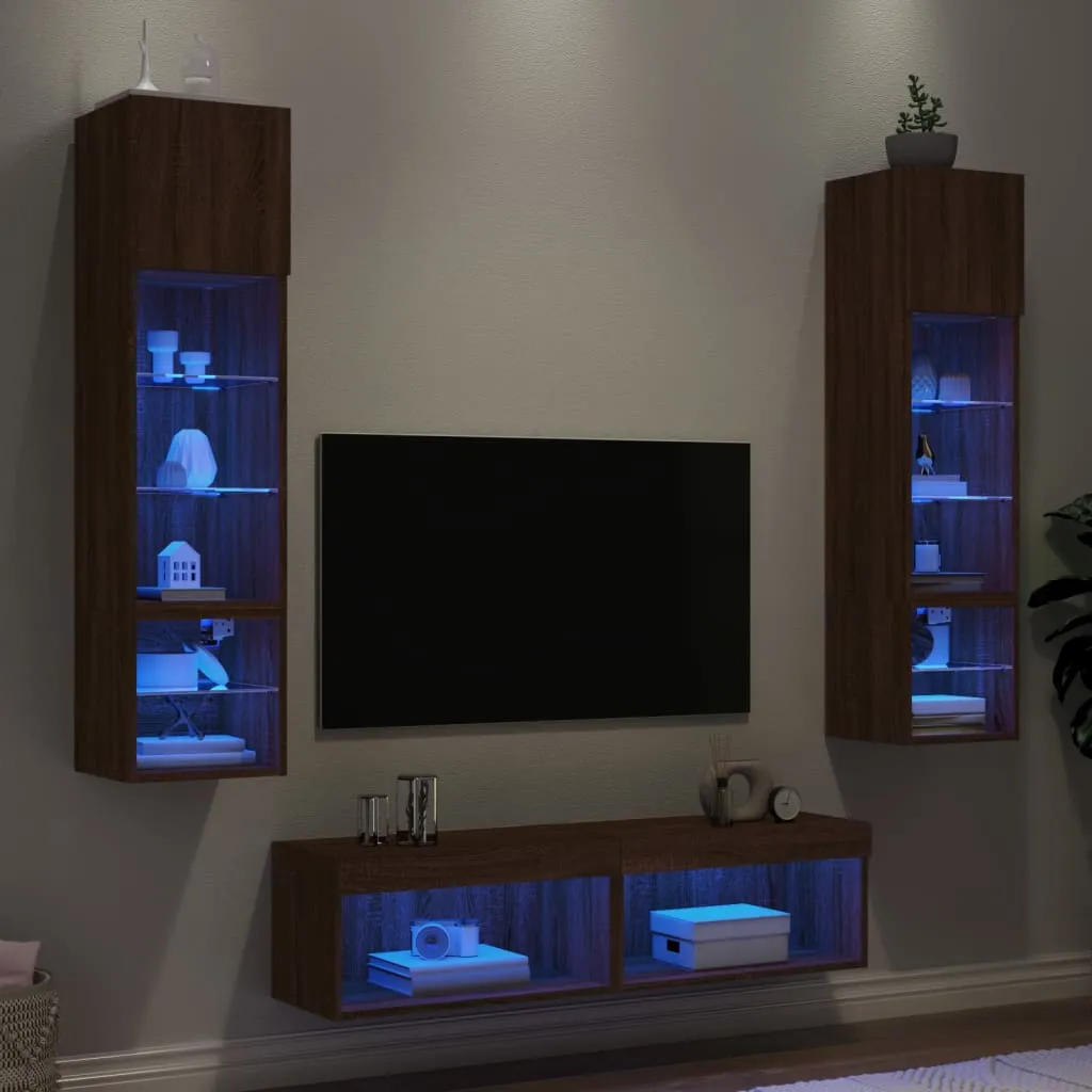 vidaXL Mobili TV a Muro con LED 6pz Rovere Marrone Legno Multistrato