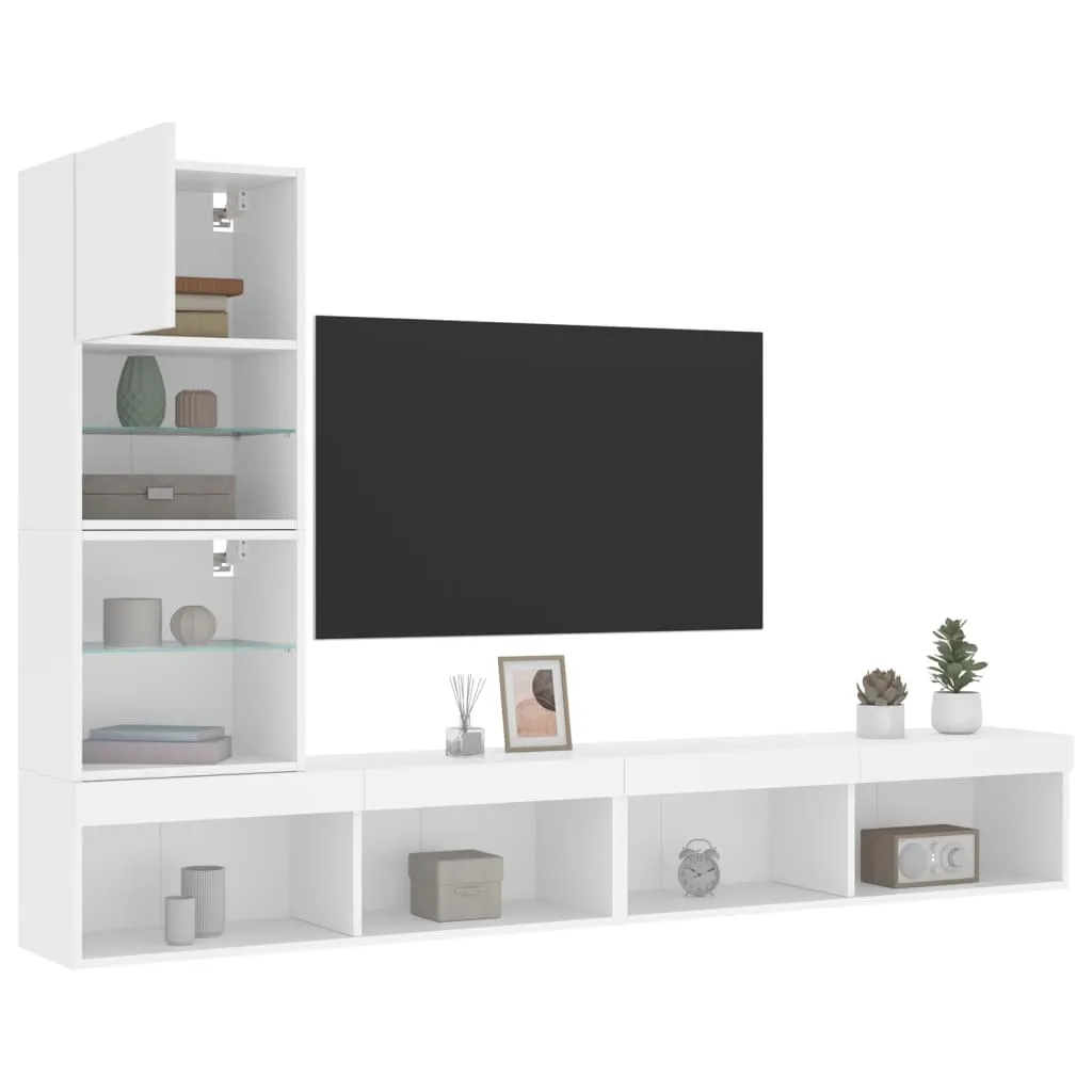 vidaXL Mobili TV a Muro con LED 4pz Bianchi in Legno Multistrato