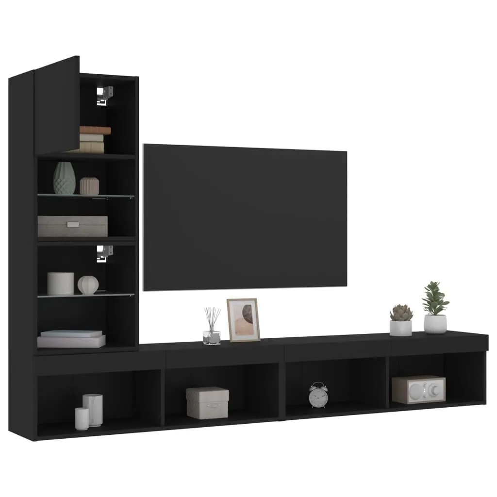 vidaXL Mobili TV a Muro con LED 4pz Neri in Legno Multistrato