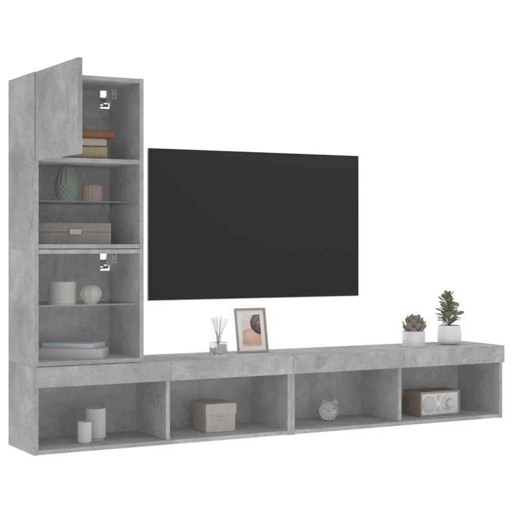 vidaXL Mobili TV a Muro con LED 4pz Grigio Cemento Legno Multistrato